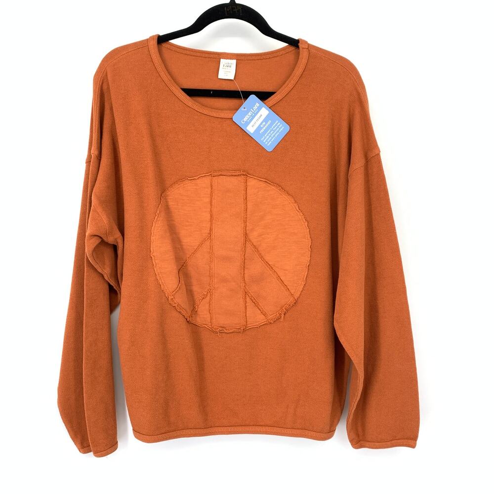 Cotton Lani Long Sleeve Top Womens Size S/M Peace Sign Applique Orange Cedar NEW